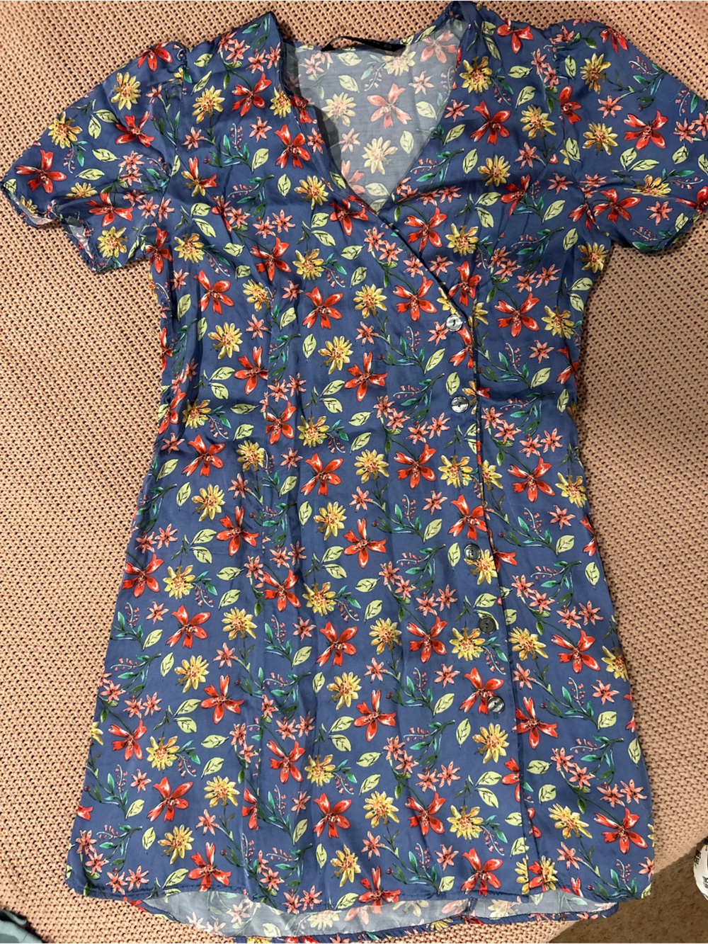 Zara Blue Floral Skirt with Red & Yellow Blooms